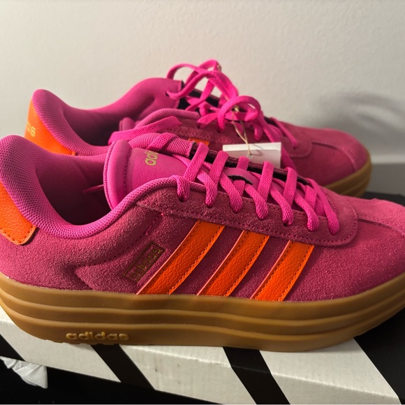 adidas Women’s Pink Suede Sneakers with Orange Stripes and Gum Sole - Picture 3 of 7